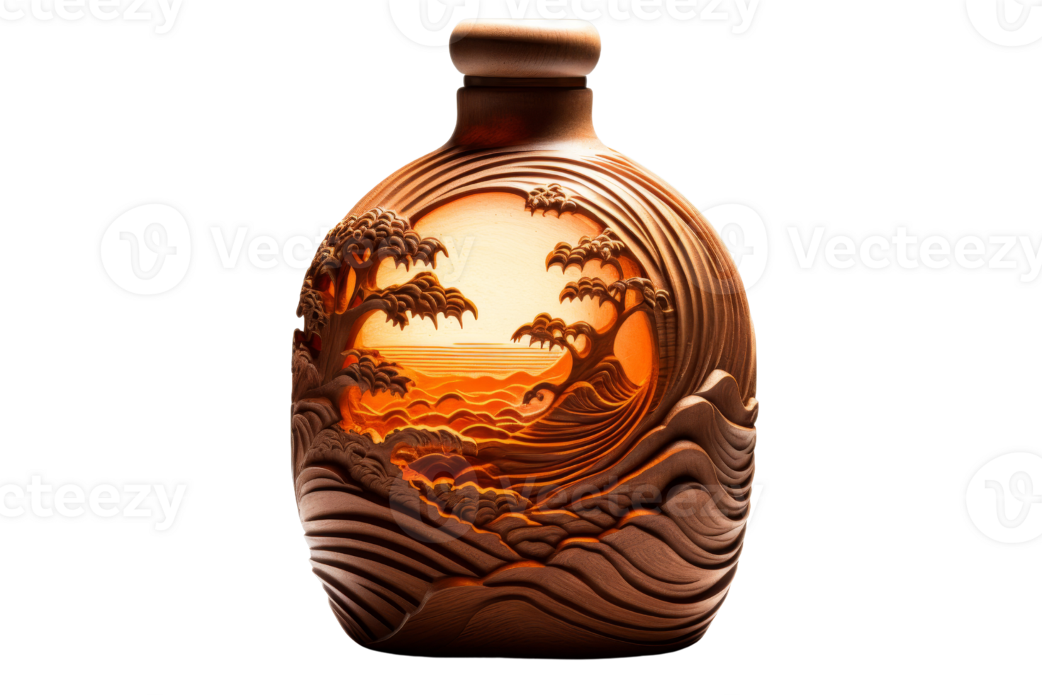 A vase with a tree and water on it. The vase is brown and has a wooden lid png
