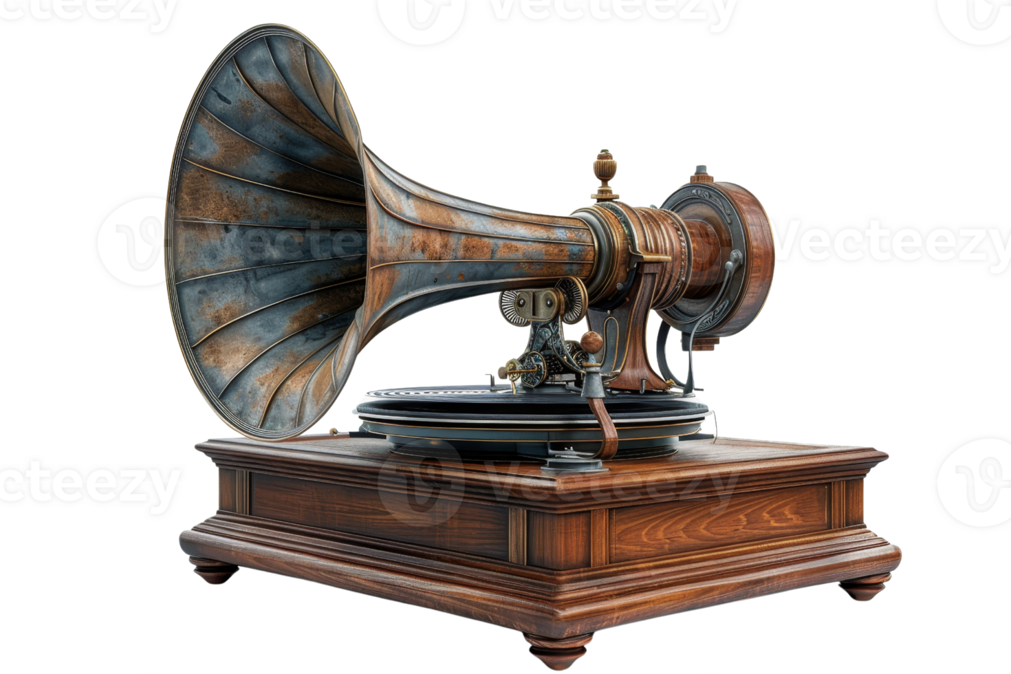 A vintage record player with a large horned speaker. The speaker is made of metal and wood, and it has a vintage look to it. The record player is sitting on a wooden base png