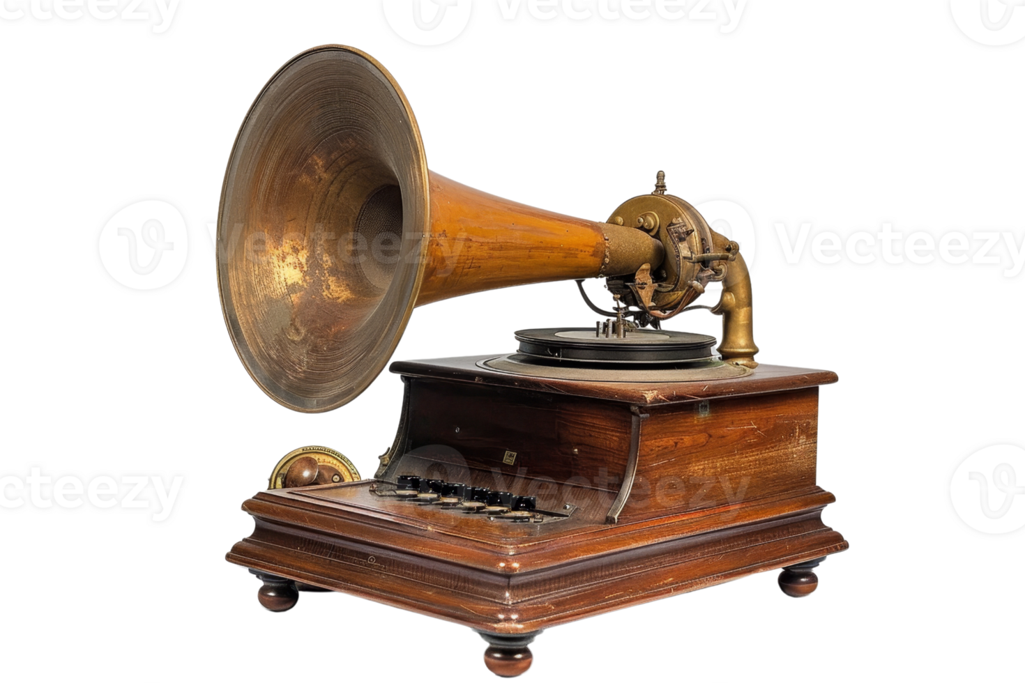 An old fashioned record player with a large horn on top. The record player is sitting on a wooden base png