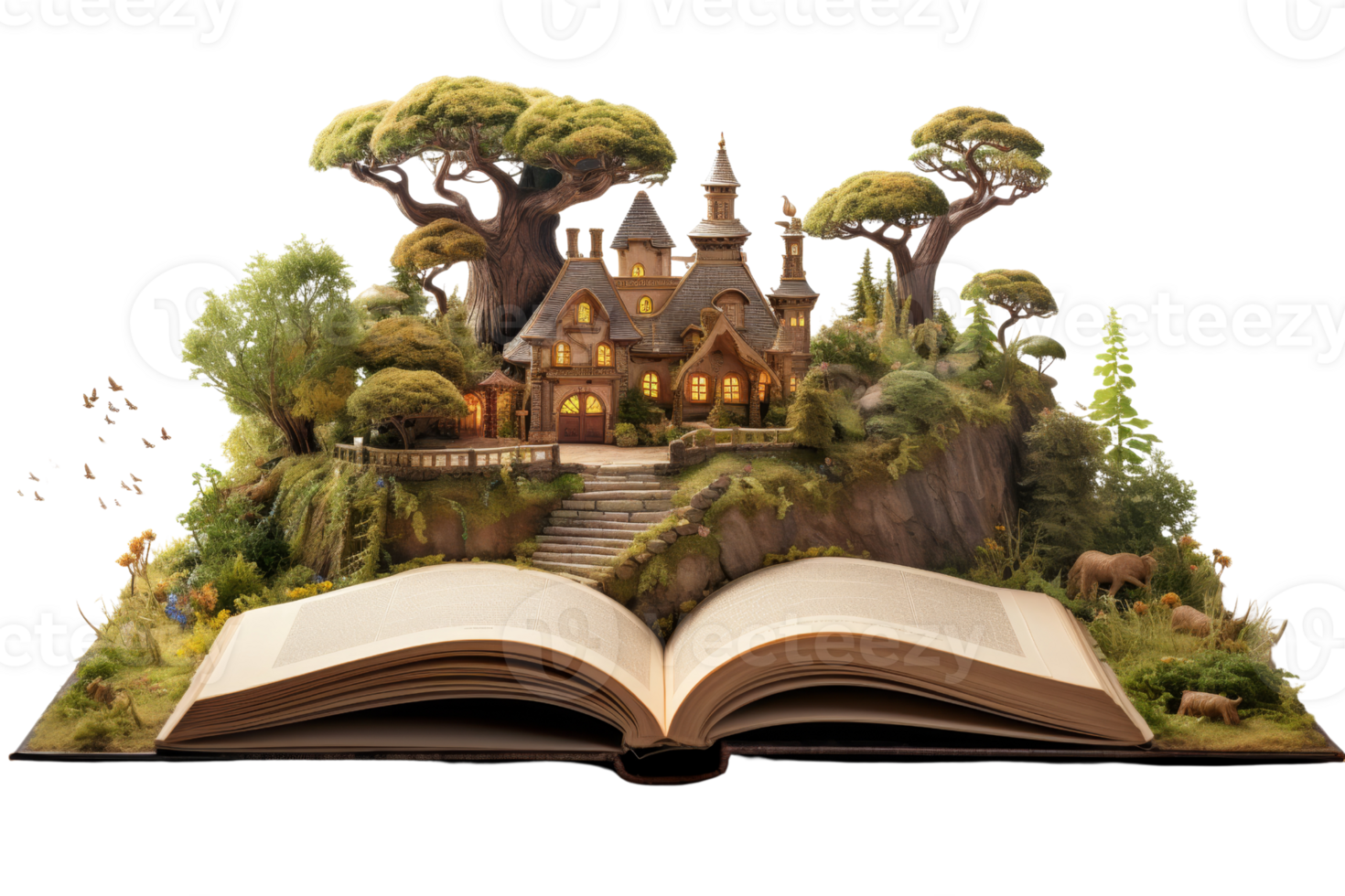 A book is open to a page with a house and trees on it. The house is small and has a roof. The trees are tall and green png