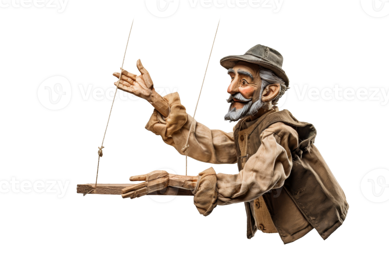 A man in a hat is holding a string and is about to pull a puppet. The puppet is hanging from a string and is not moving. The scene is calm and peaceful png