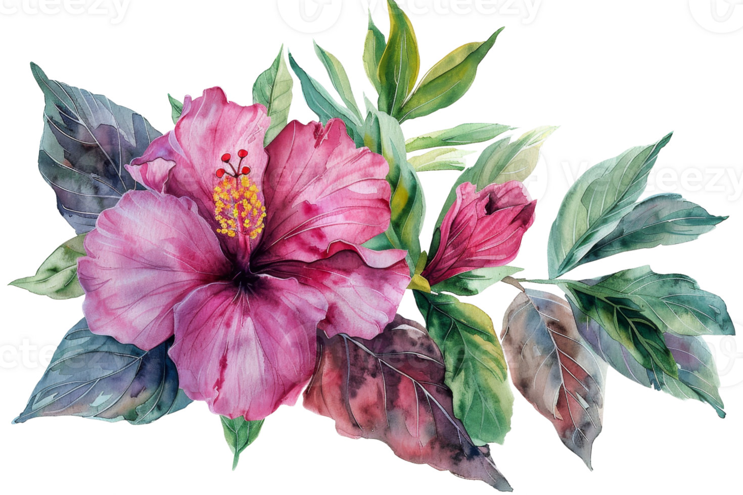 A watercolor painting of a pink flower with green leaves. The painting has a serene and calming mood, with the pink color of the flower png