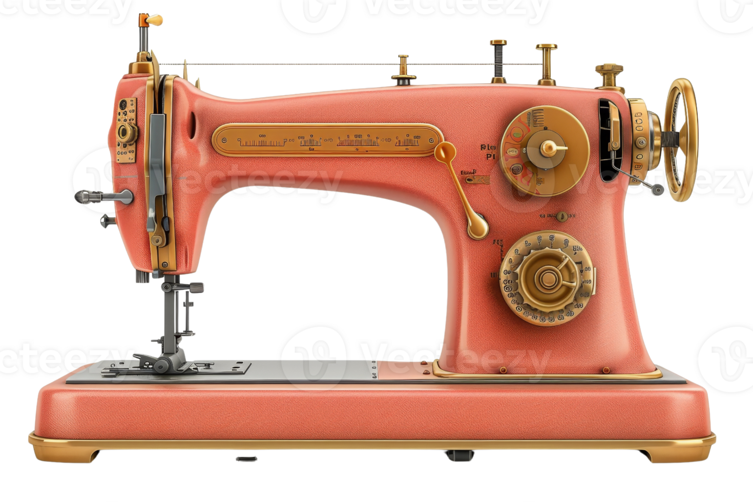 A vintage sewing machine with a gold and red finish png