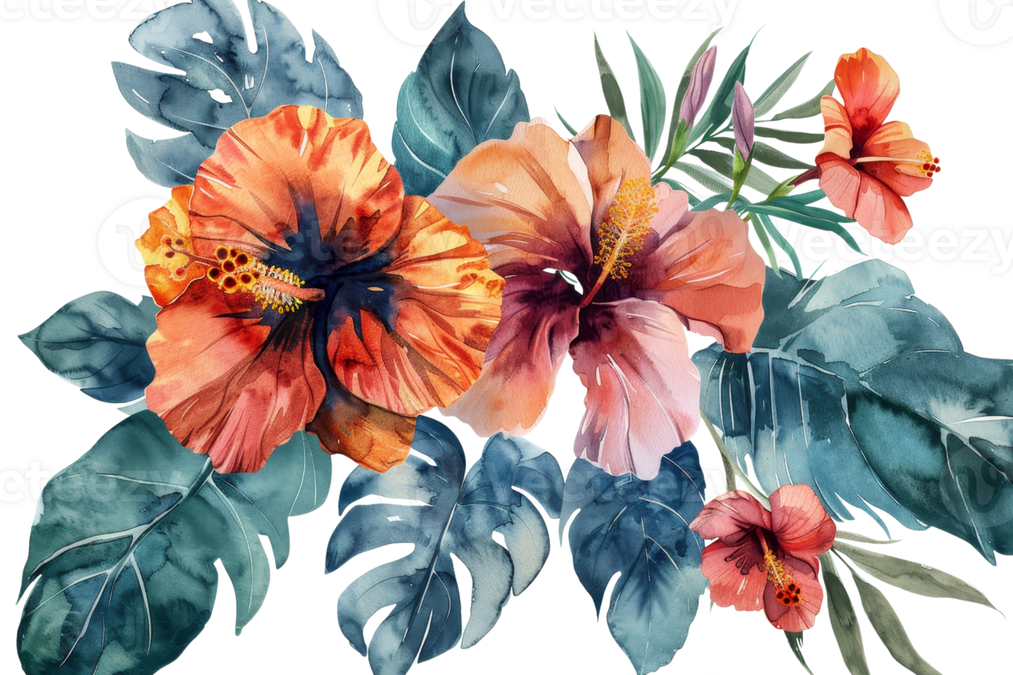 A painting of a flower garden with a blue and green background. The flowers are orange and pink png