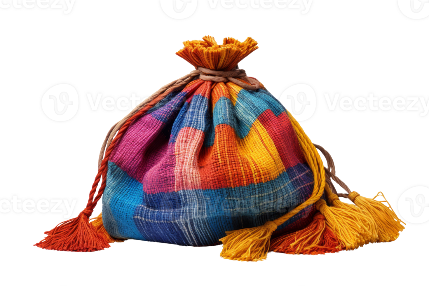 A colorful bag with a colorful tassel hanging from it. The bag is made of a variety of colors and has a unique design png