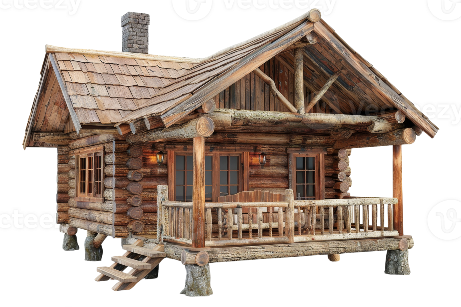A log cabin with a porch and a chimney. The cabin is made of wood and has a rustic feel png