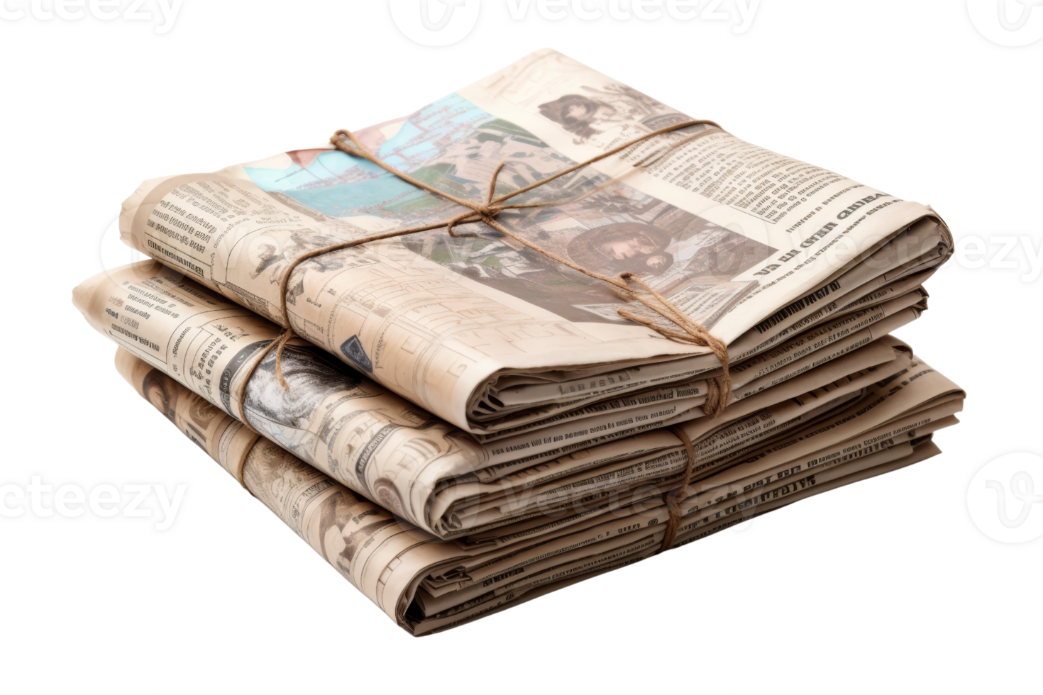 A stack of newspapers with a string tied to them. The newspapers are old and have a vintage feel to them. The string is tied in a knot, which gives the stack a somewhat messy appearance png