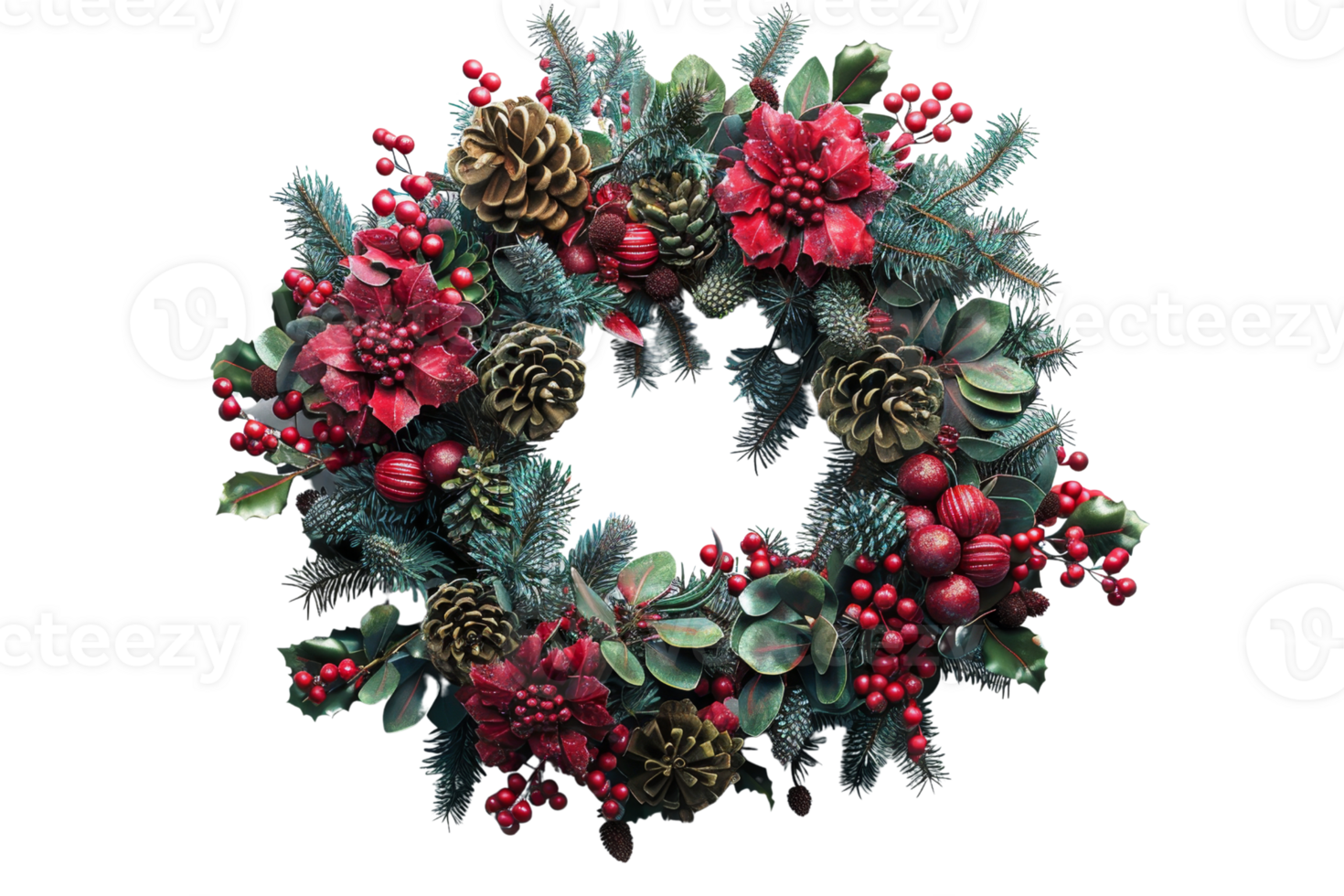 A wreath with red berries and pine cones. The wreath is red and green and has a festive feel png