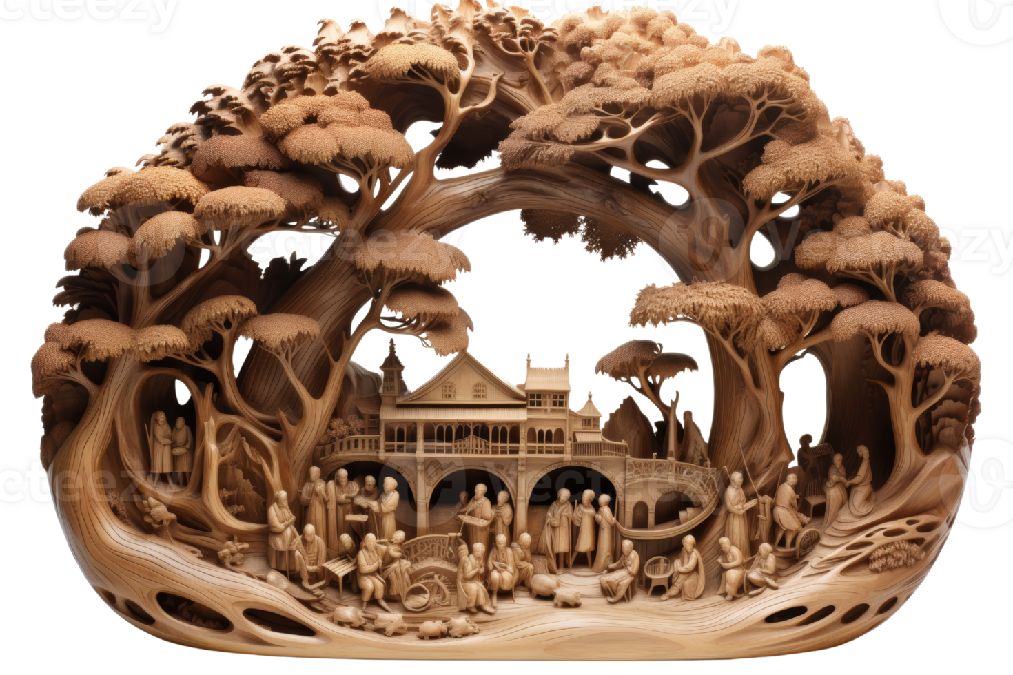 A wooden sculpture of a forest scene with people and a bridge png