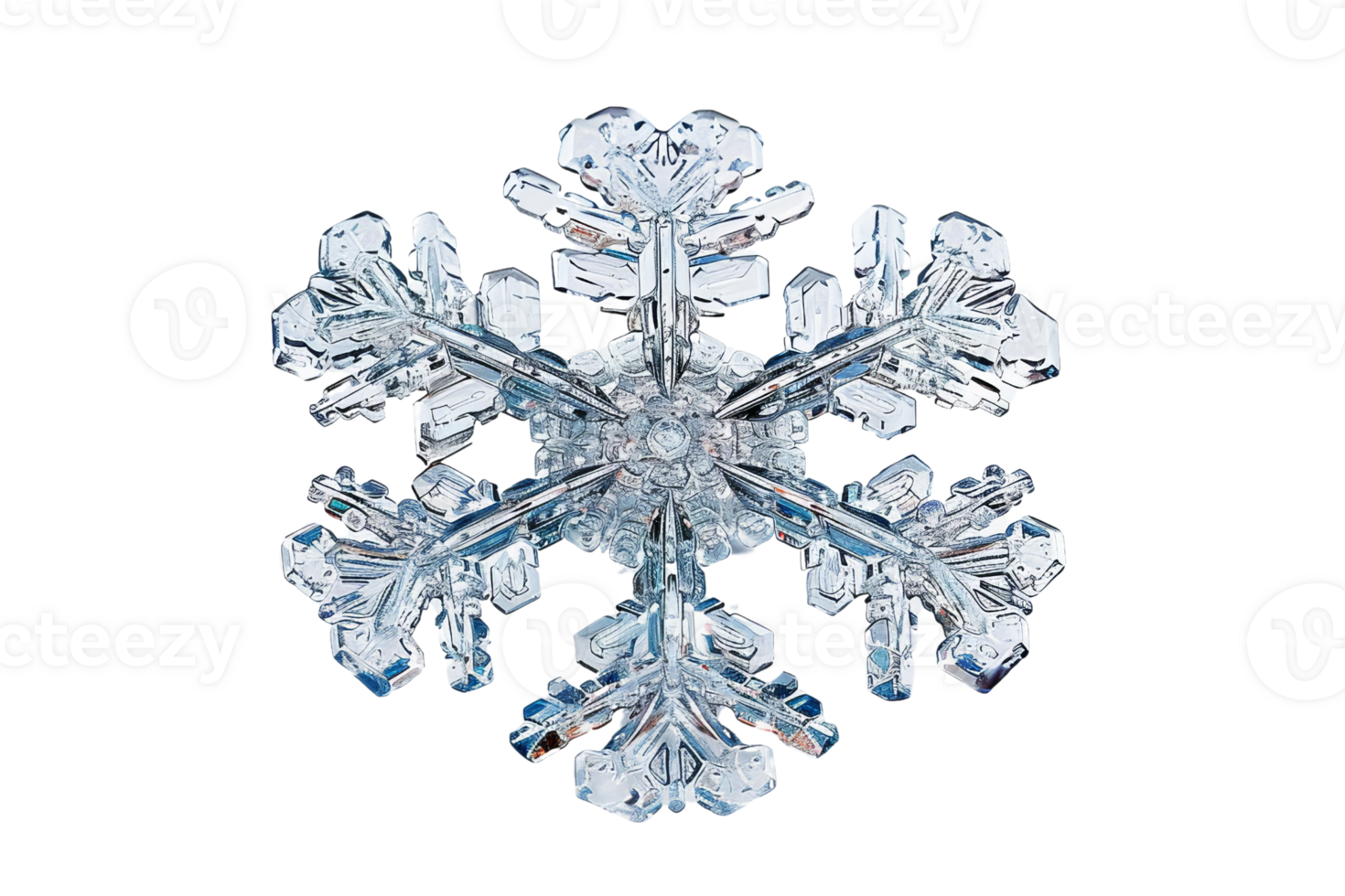 A snowflake is shown in a clear, frosty state. The image is white and the snowflake is the main focus png