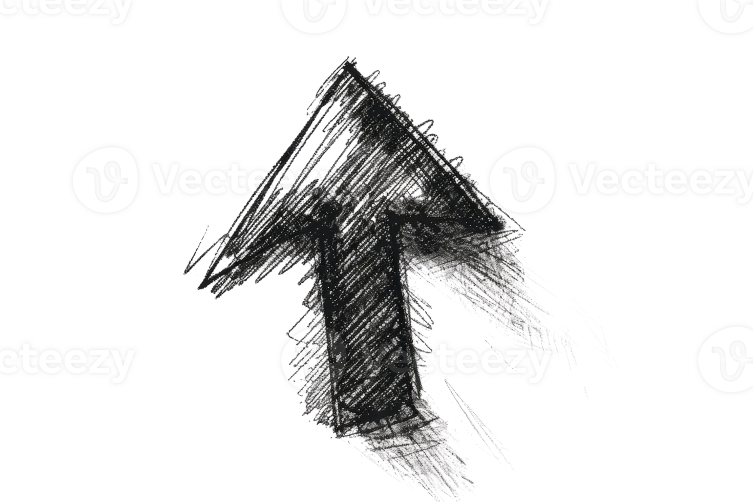 A black and white drawing of a pointy arrow. The arrow is drawn in a very sketchy and rough style, giving it a somewhat chaotic and disorganized appearance. Scene is somewhat negative png