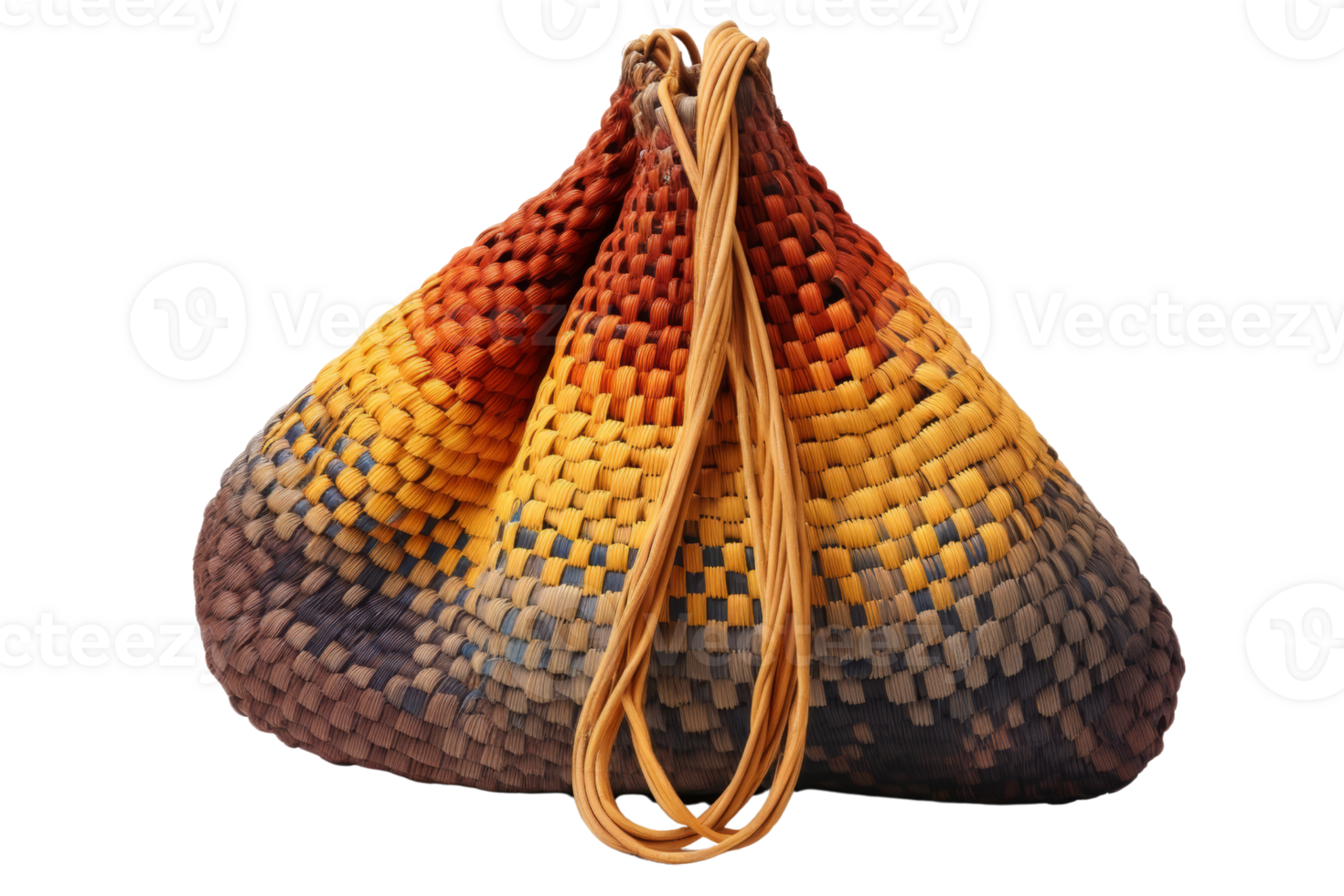 A colorful bag with a brown handle. The bag is made of a variety of colors and has a unique design png
