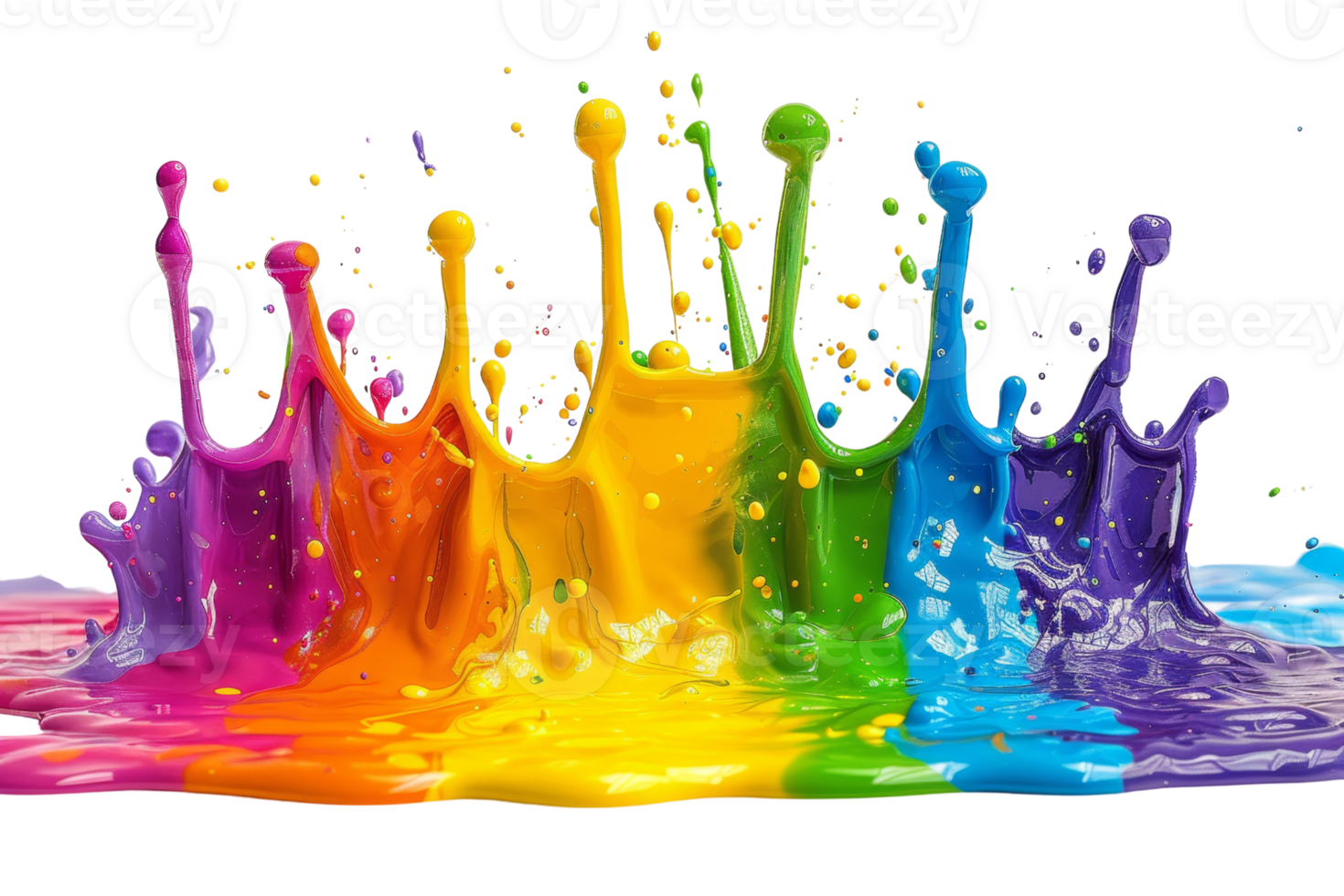 A splash of paint with a rainbow of colors. The colors are vibrant and the splatter looks like a wave. Concept of creativity and freedom, as if the paint is an expression of the artist's emotions png