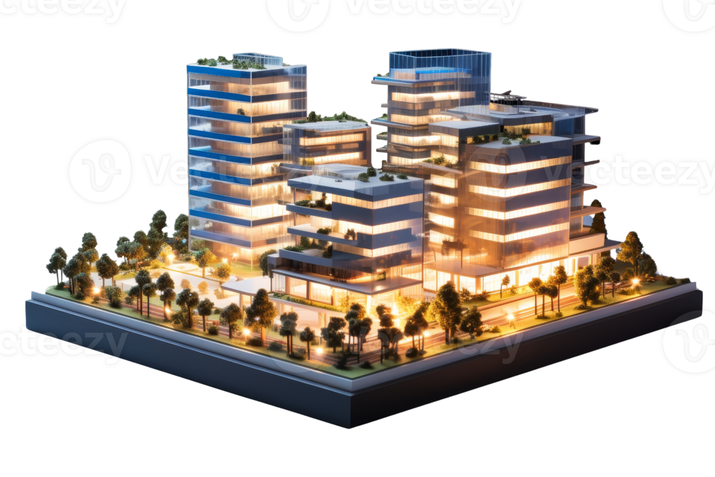 A model of a city with tall buildings and a park. The buildings are lit up at night, giving the impression of a bustling urban environment png
