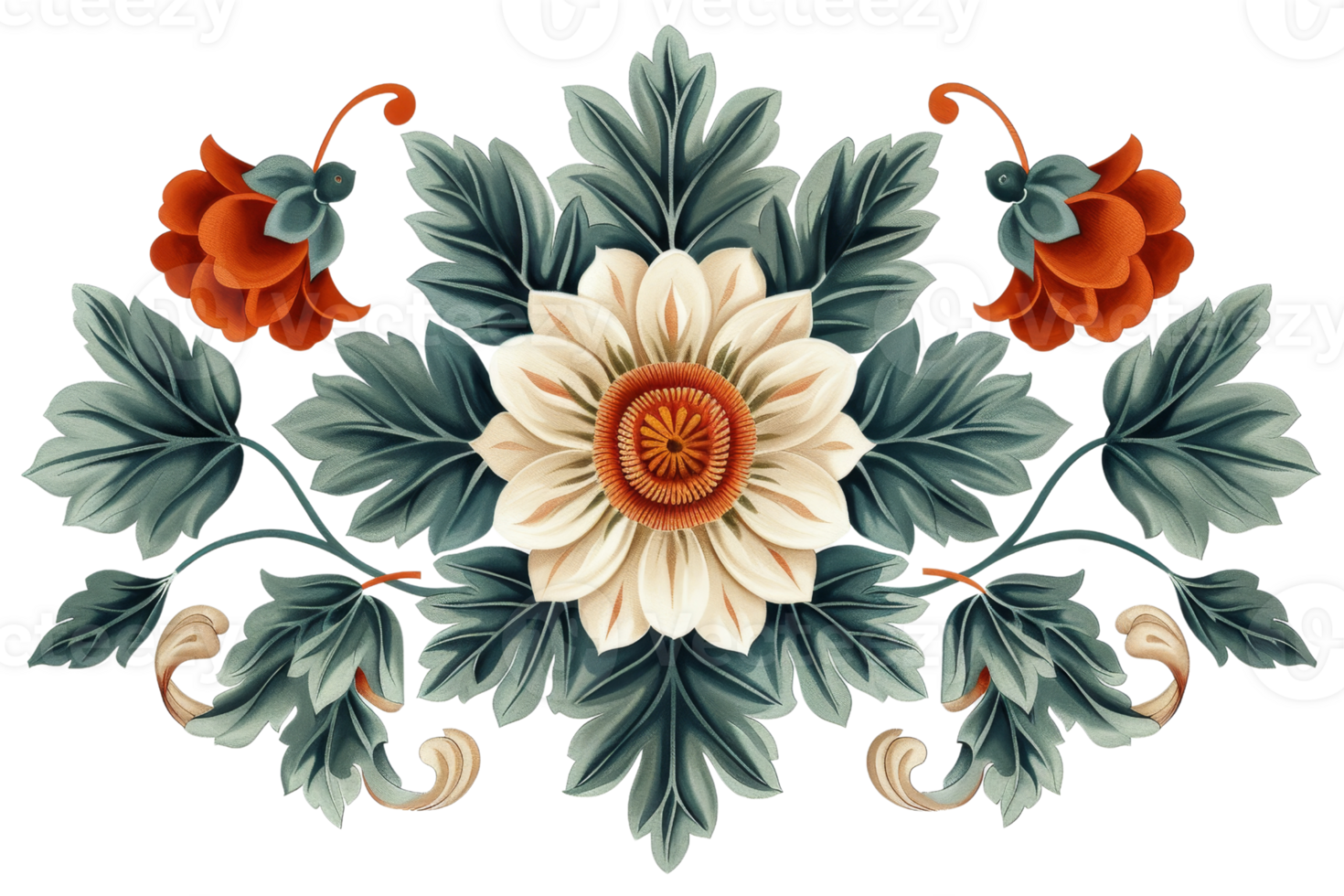 A flower with green leaves and red flowers. The flower is white and yellow png