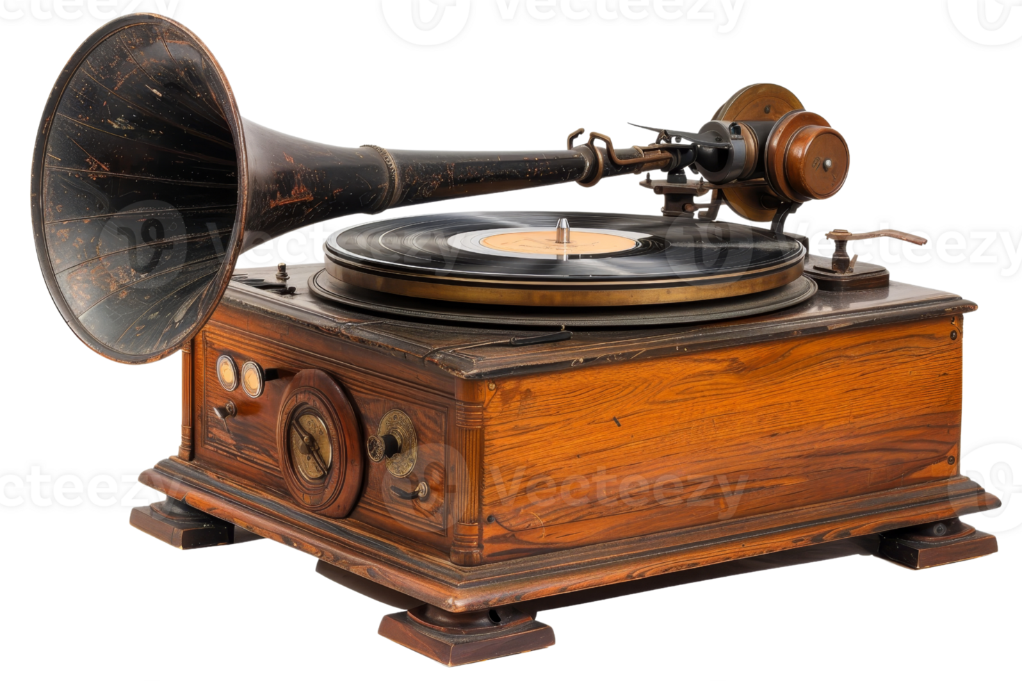 An old record player with a large horn on top. The record player is wooden and has a vintage look png