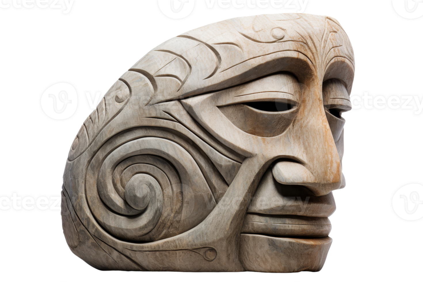 A large, carved face with a swirl pattern on its forehead. The face is made of stone and has a stone nose png