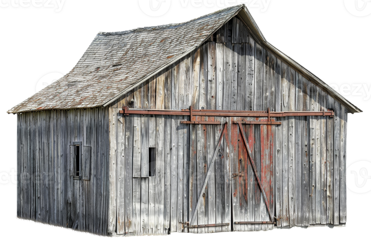 A large, old barn with a red door and a red roof. The barn is made of wood and has a rustic appearance png