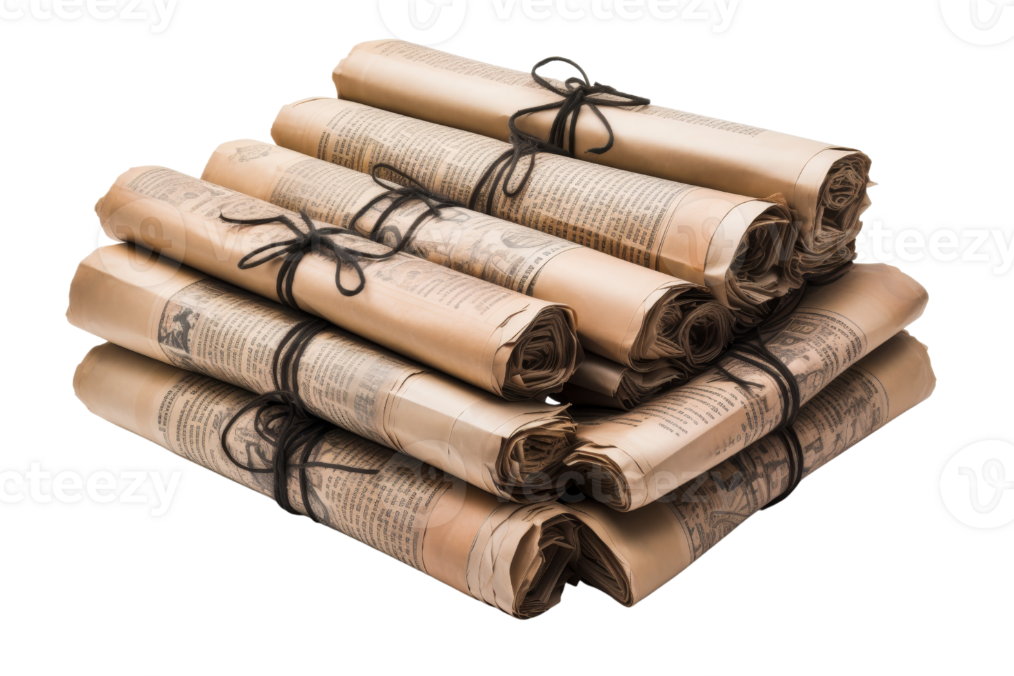 A stack of old newspapers with black strings tied to them. The stack is piled on top of each other png