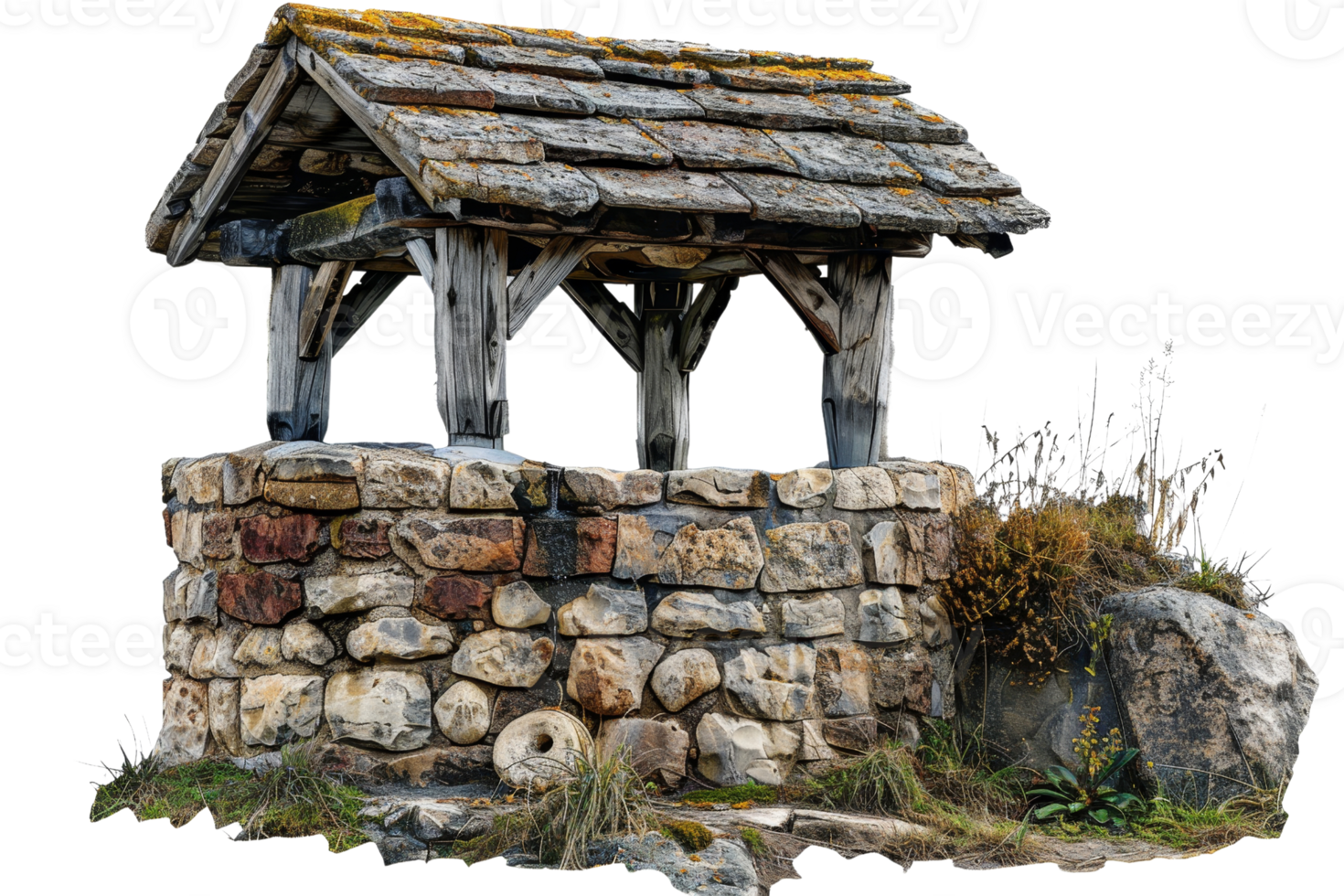 A stone well with a wooden roof sits on a rocky hill. The well is surrounded by grass and weeds, and the roof is weathered and worn. Concept of history and nostalgia png
