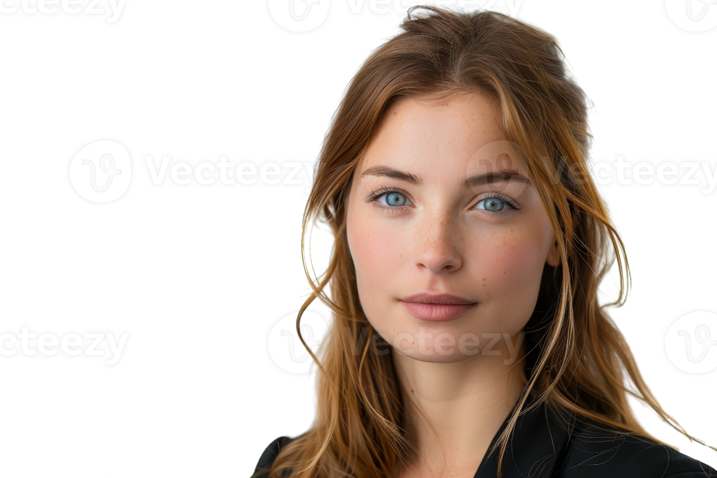 A woman with brown hair and blue eyes is smiling for the camera. She is wearing a black jacket and has her hair in a ponytail png