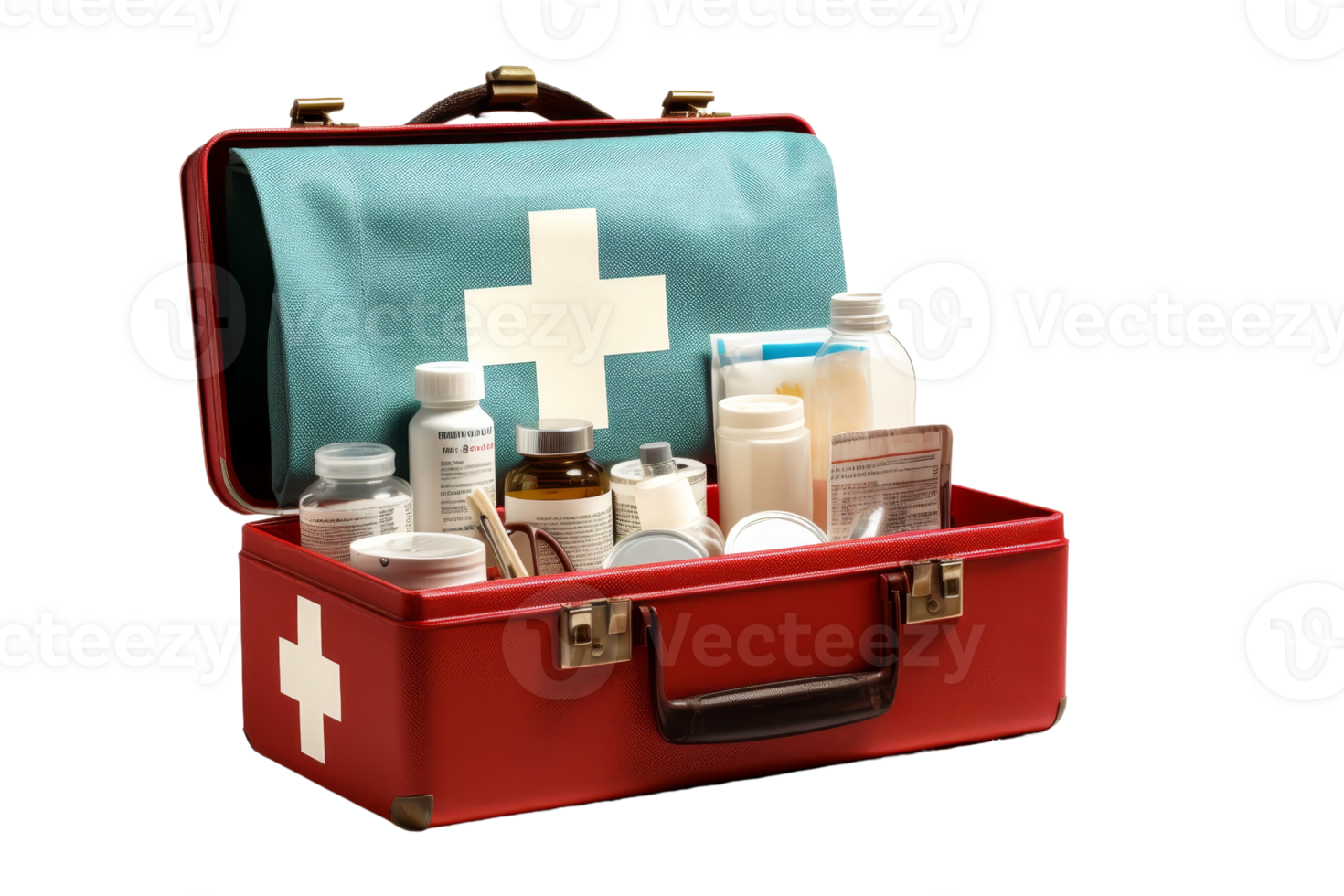 A red box with a green cover and a white cross on it. Inside the box are various medical supplies png
