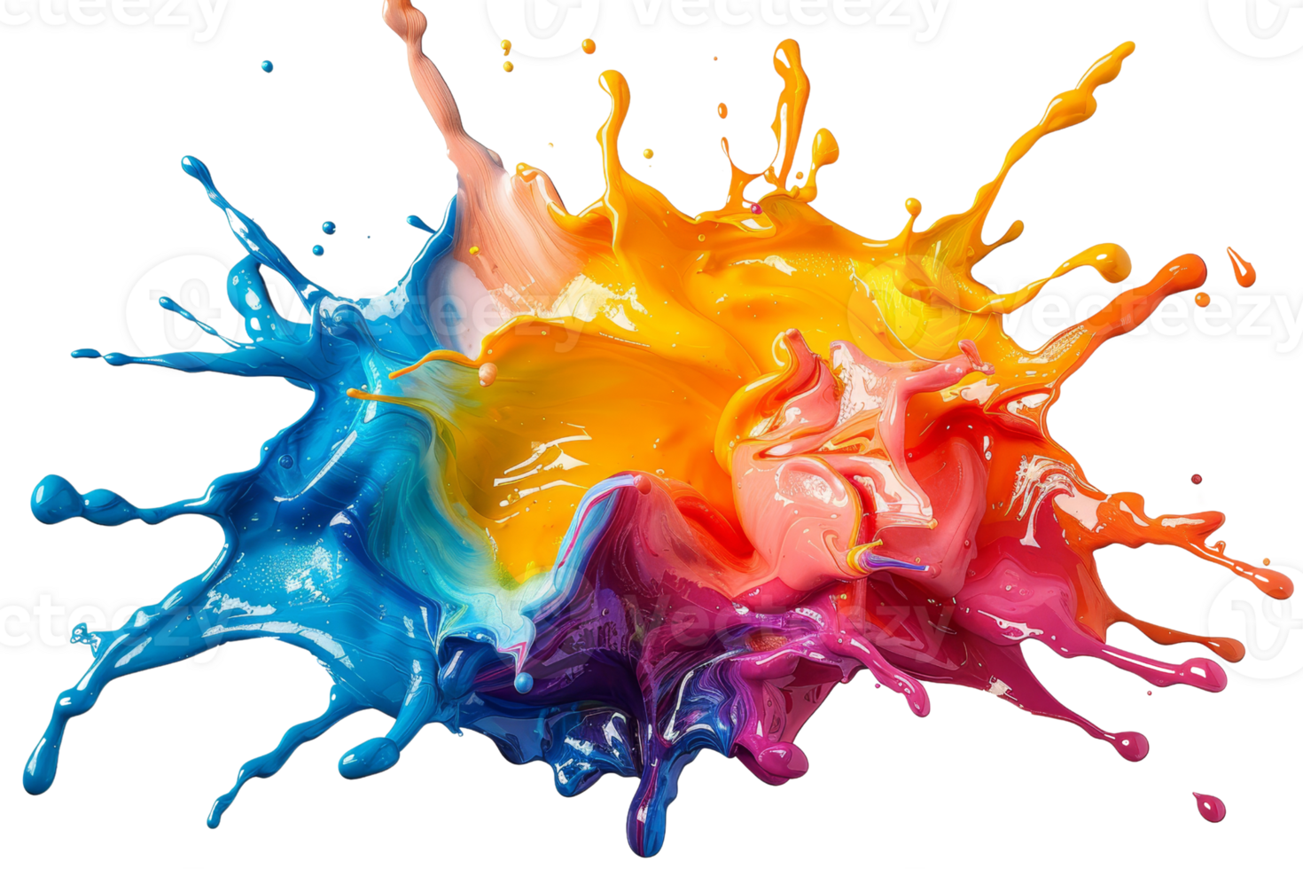 A splash of paint with a rainbow of colors. The colors are bright and vibrant, creating a sense of energy and excitement. The splatter of paint is chaotic and unpredictable png