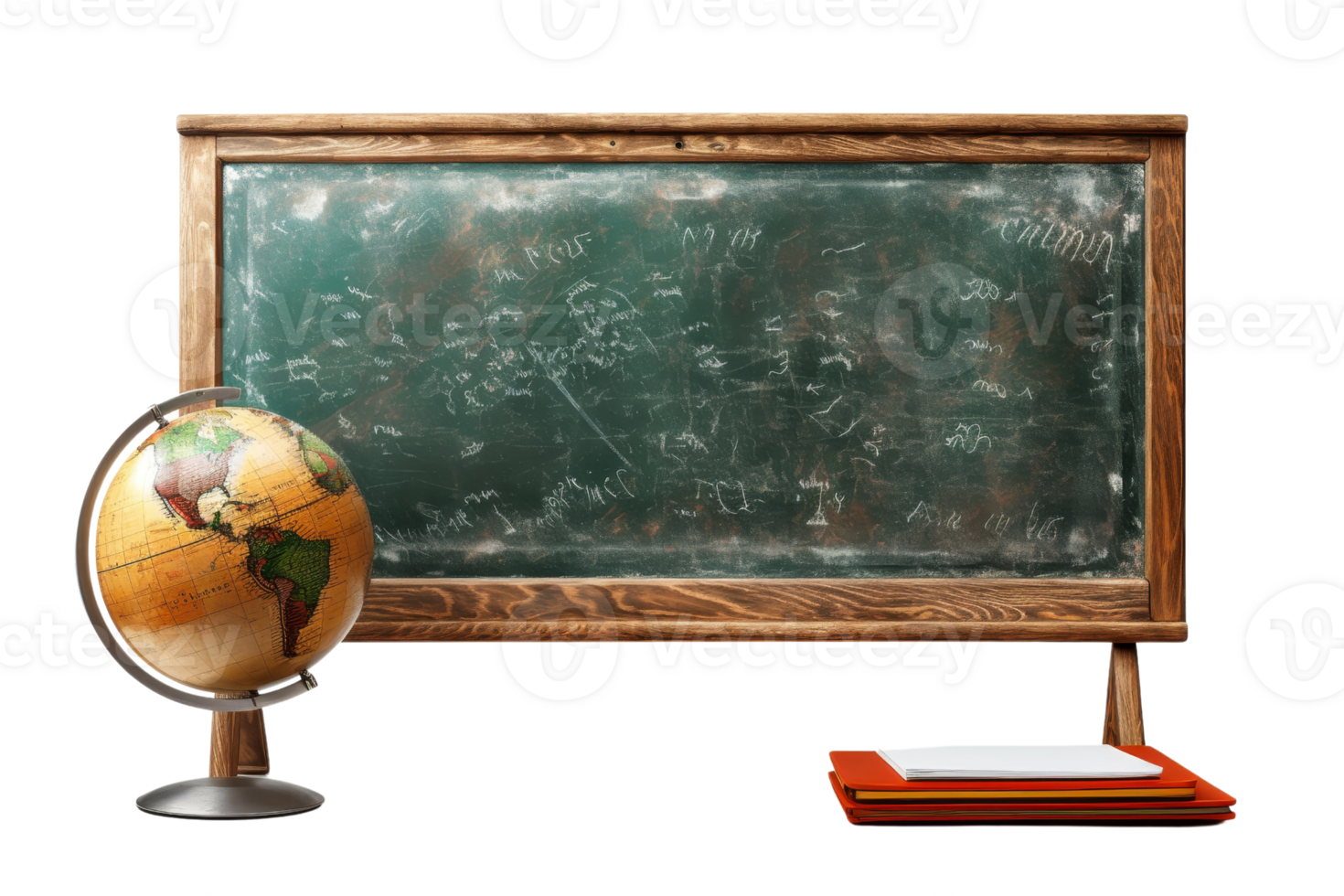 A chalkboard with a globe and a book on it. The globe is on the left side of the board and the book is on the right. The chalkboard is green and has a few writings on it png