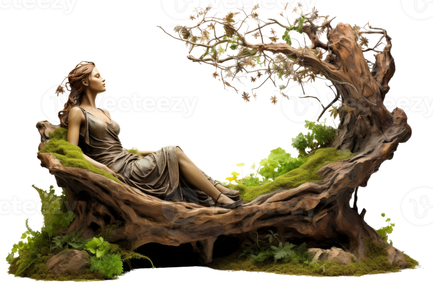 A woman is sitting on a log in a forest. The log is covered in moss and surrounded by plants. The scene is peaceful and serene, with the woman looking out into the distance png