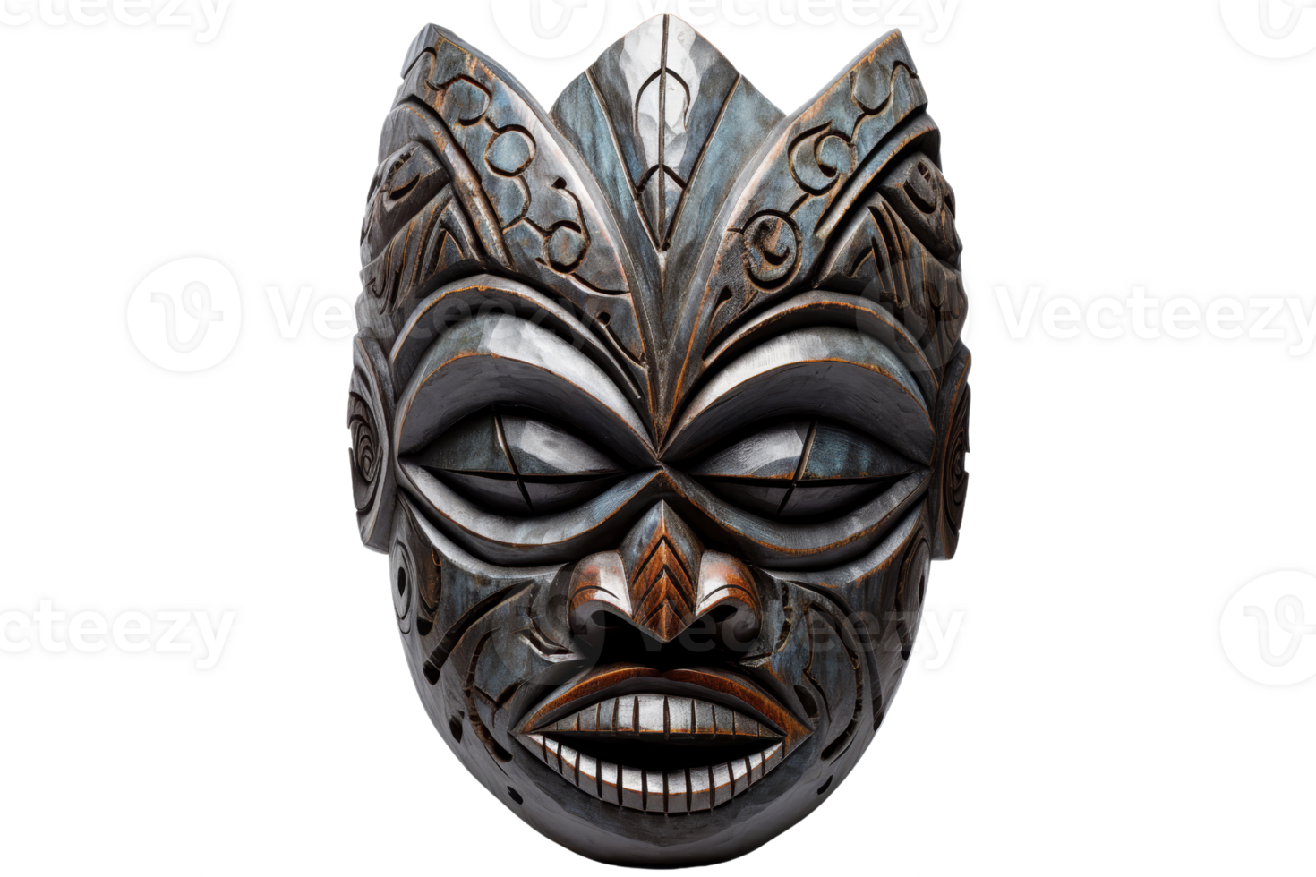 A wooden mask with a face on it. The mask is made of wood and has a brown color png