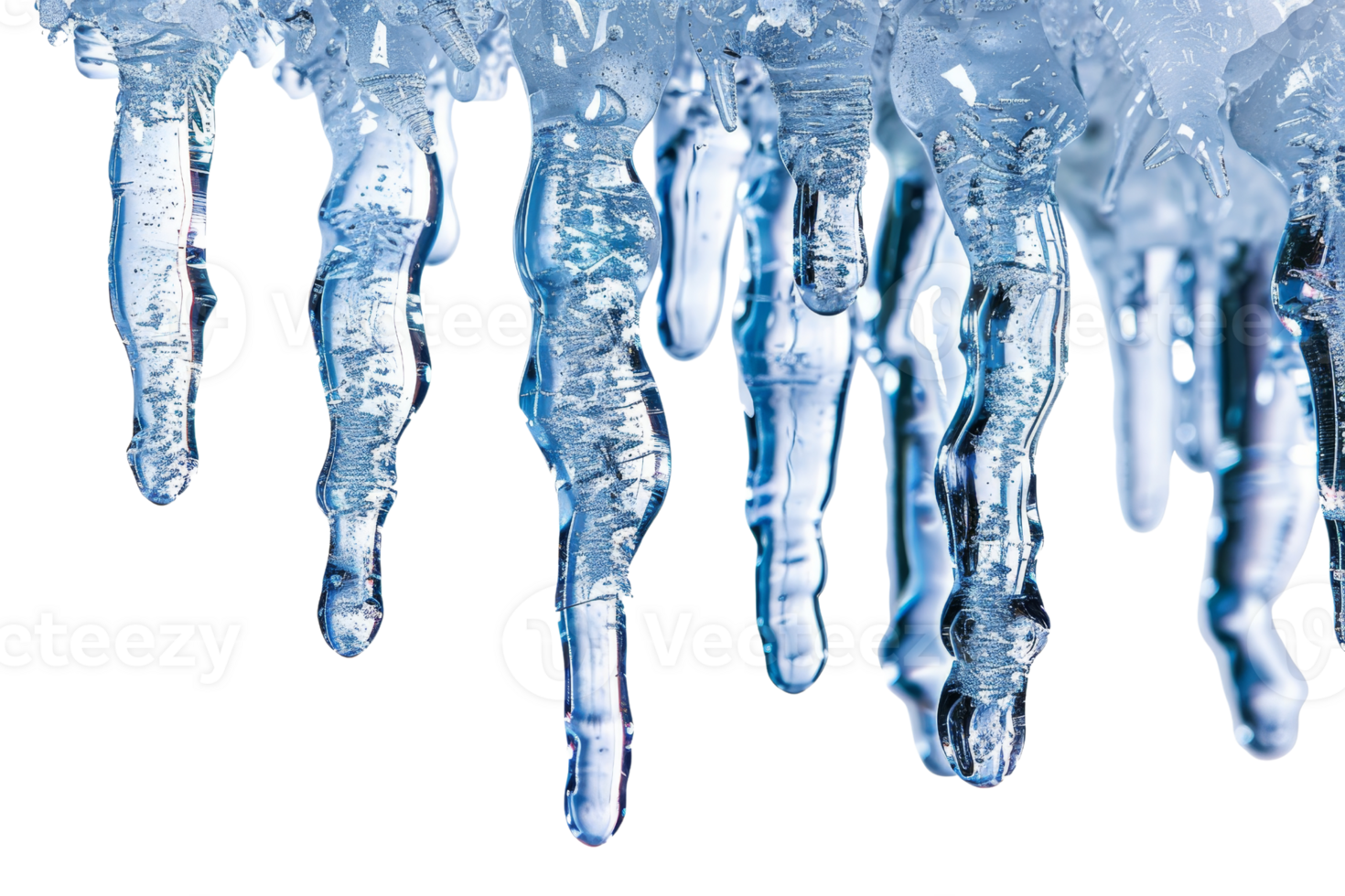 A long line of icicles hanging from a roof. The icicles are made of water and appear to be frozen in mid-fall. Concept of coldness and stillness png