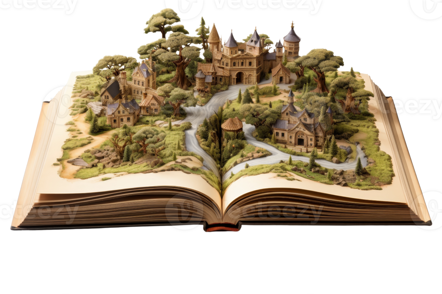 A book is opened to a page with a miniature village. The houses are small and made of wood, and there are trees and a road in the scene png