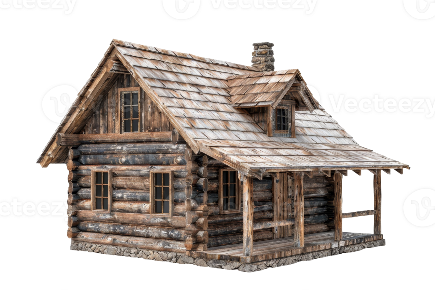 A log cabin with a porch and a chimney. The house is old and rustic, with a wooden exterior. The porch is a welcoming space for relaxation and socializing png