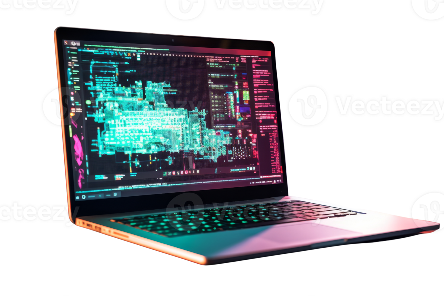 A computer screen shows a colorful, abstract image with a lot of lines and shapes. The image appears to be a work of art, with a sense of movement and energy. The laptop is open and turned on png