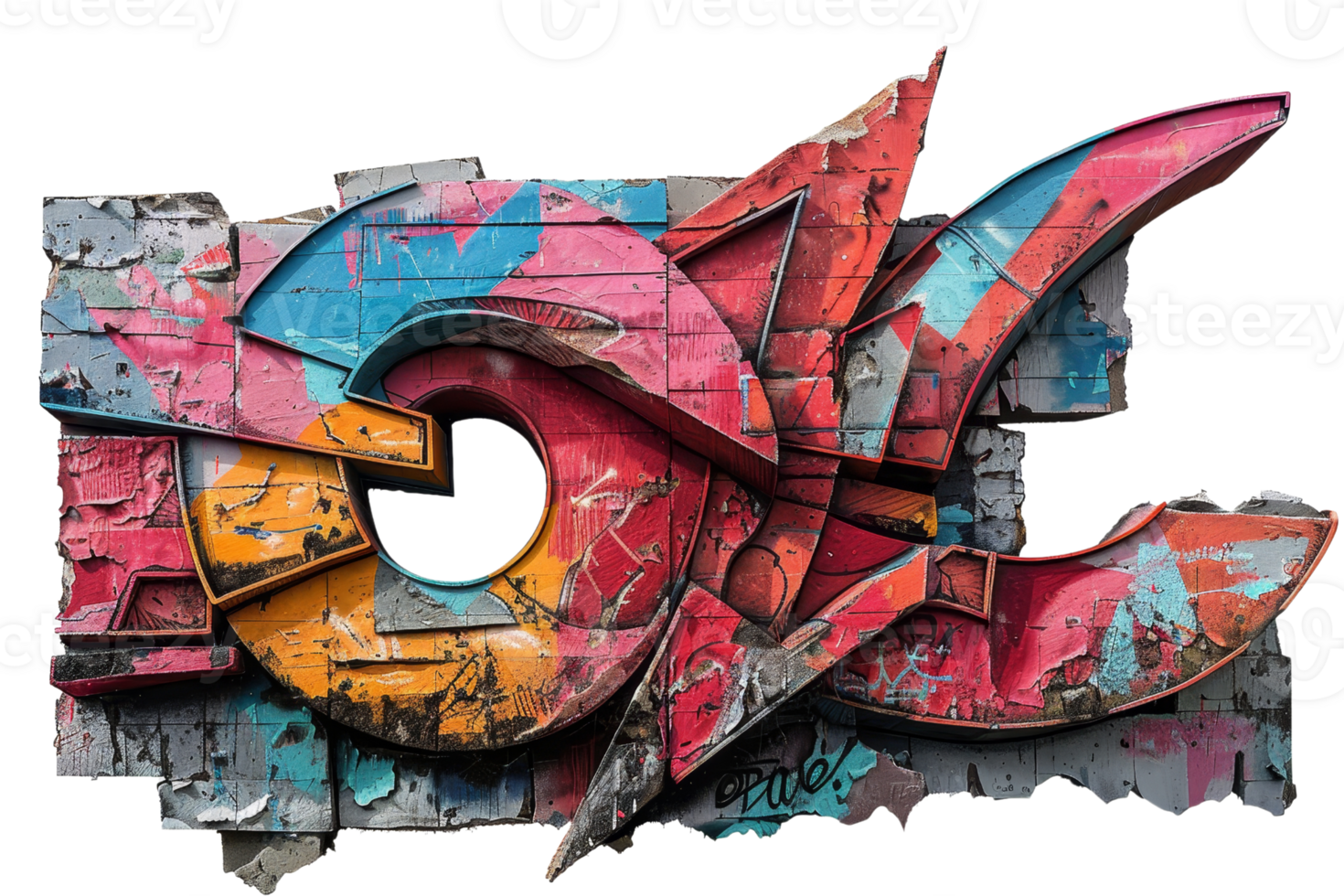 A colorful graffiti piece with a red and blue triangle on it. The triangle is surrounded by a circle and the circle is surrounded by a square. The piece is very colorful and has a lot of detail png