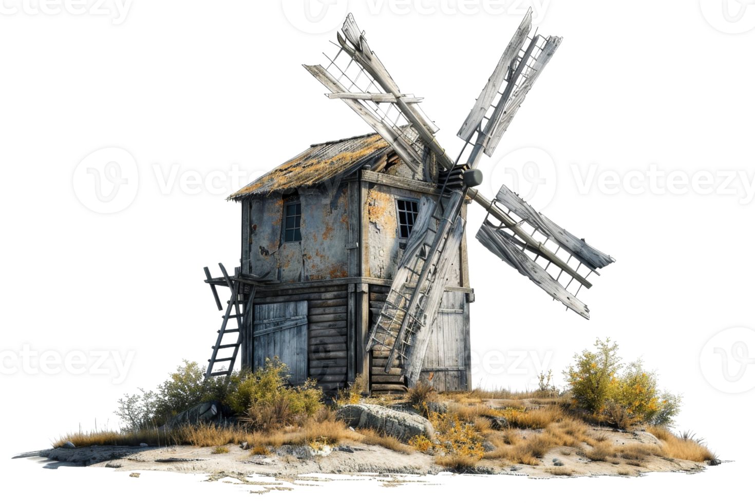 A windmill is on a hill next to a small house. The windmill is old and rusted, and the house is also old and run down. The scene has a sense of abandonment and decay png