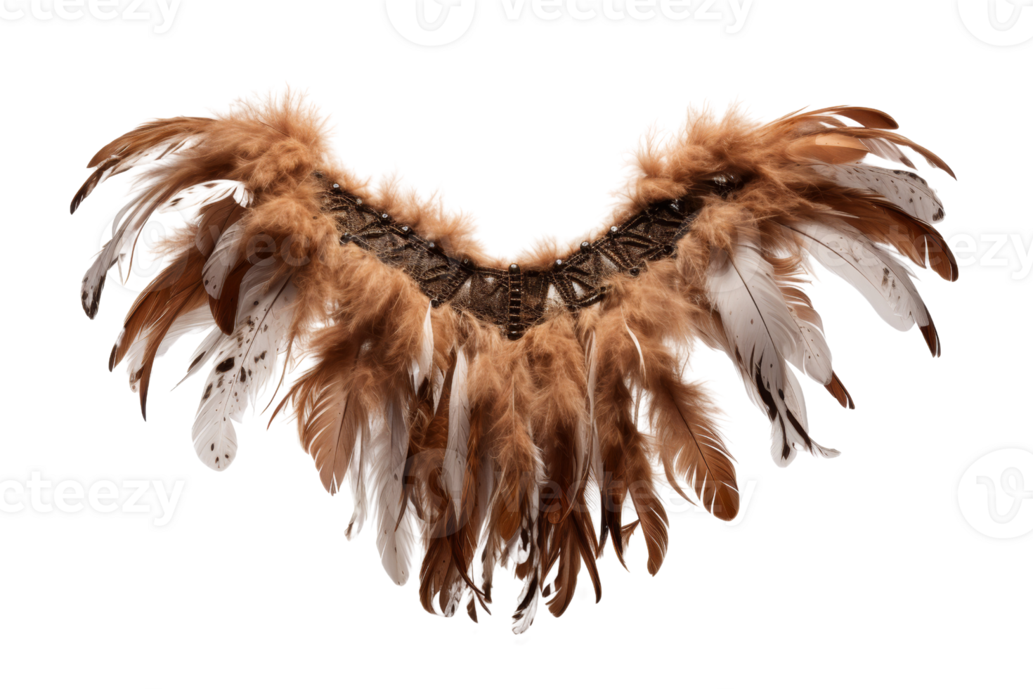 A feathery winged garment with brown and white feathers. The feathers are arranged in a way that creates a sense of movement and flow. Scene is one of elegance and grace png