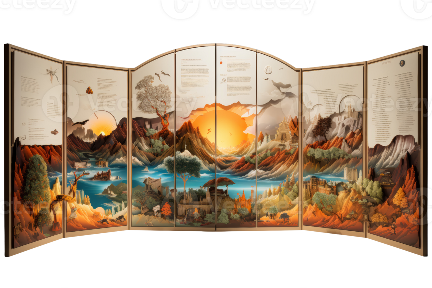 A painting of a landscape with mountains and a sunset. The painting is divided into six panels, each depicting a different part of the landscape. The mood of the painting is serene and peaceful png