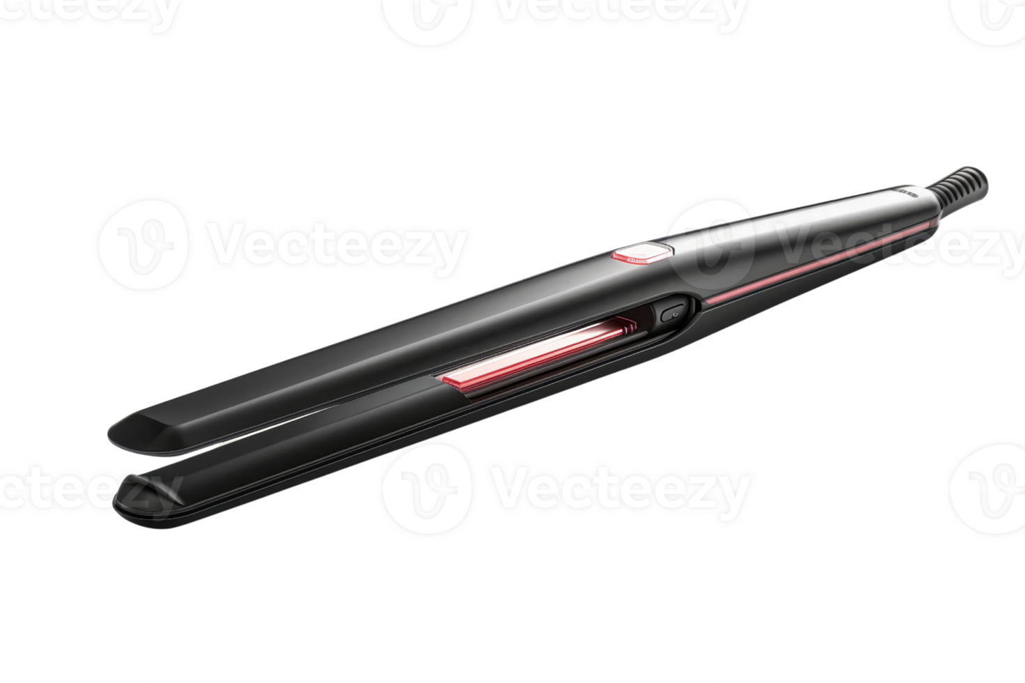 A black hair straightener with a red and white handle png