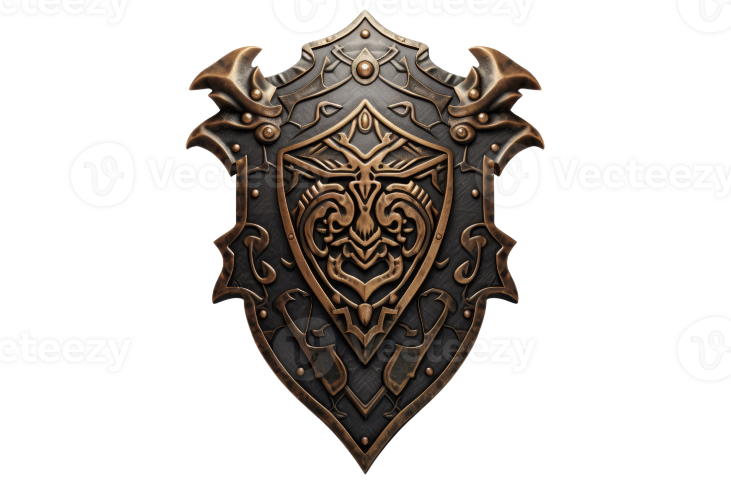 A gold and black shield with a face on it. The shield is ornate and has a lot of detail png