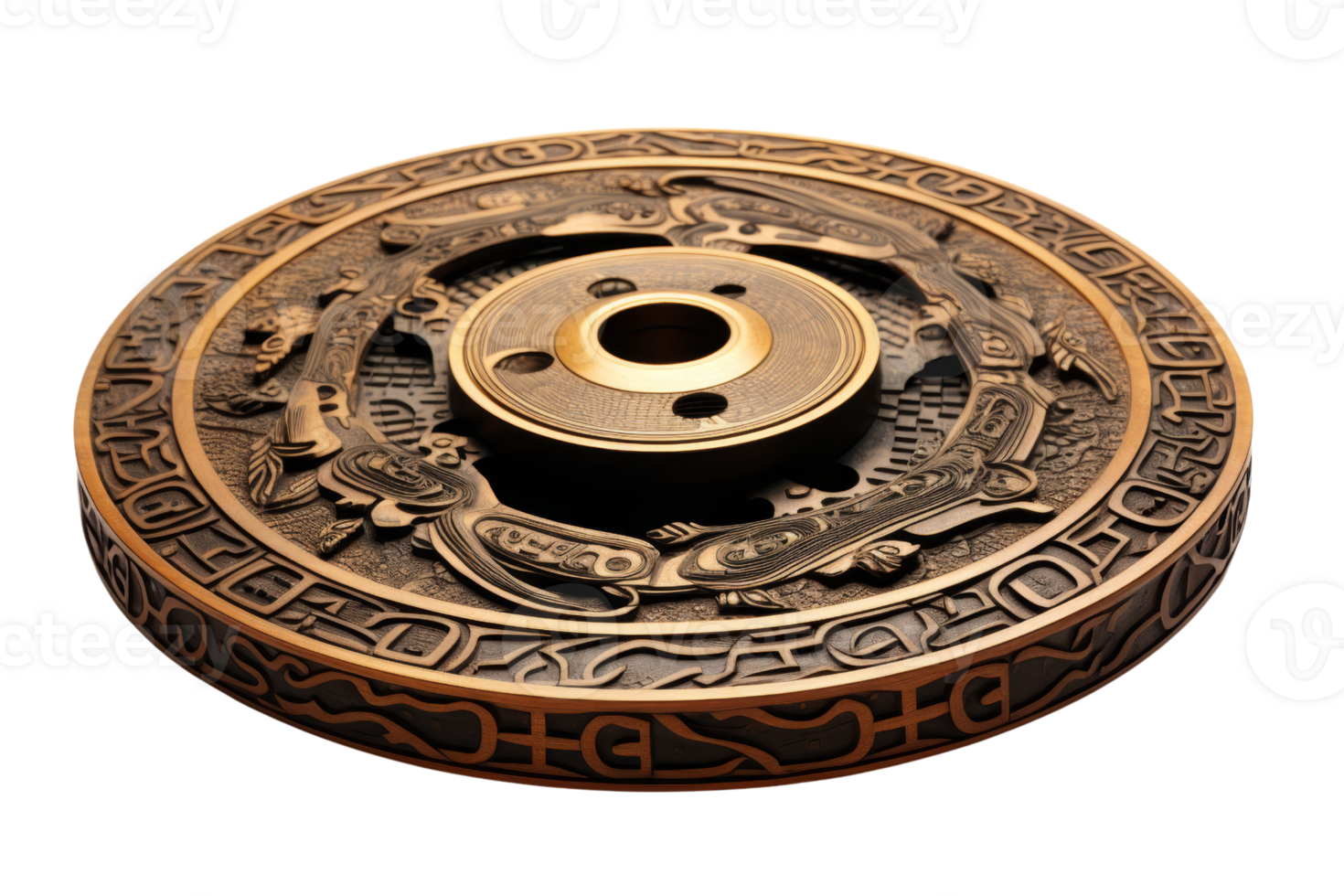 A round metal object with a lot of writing on it. It looks like a coin or a plate png