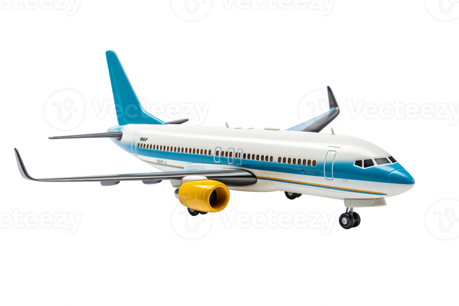 A blue and white airplane is on the ground. The airplane is a model and is not in use png