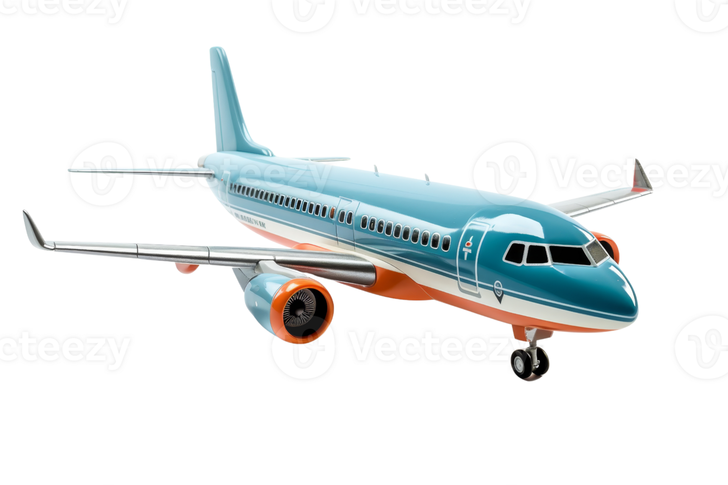 A blue and orange airplane is flying in the sky. The airplane is large and has a lot of windows png