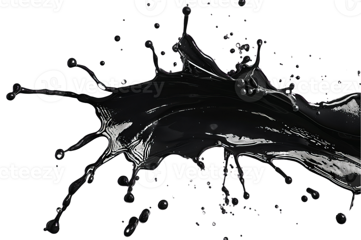 Dynamic splash of black liquid on transparent background. High-speed photography, perfect for abstract and creative designs. png