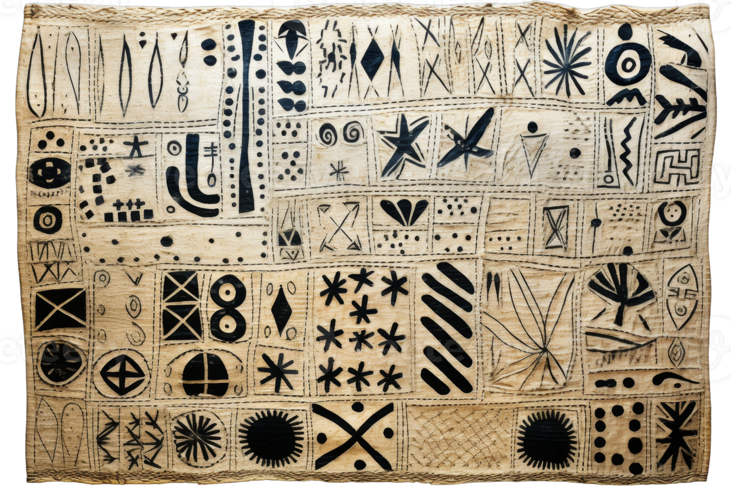 A large piece of cloth with many different shapes and patterns. The cloth is black and white png