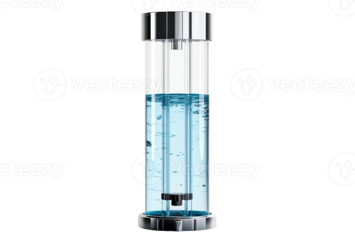 High-quality transparent reservoir with blue liquid for computer cooling systems, isolated on a transparent background. png