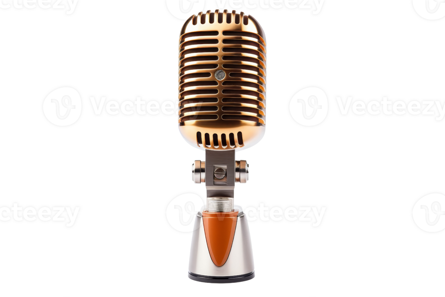 Vintage-style metallic microphone with a retro design, perfect for music, broadcasting, and podcasting. High-resolution stock photo. png