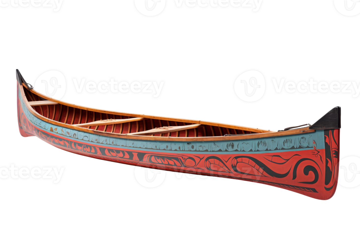 Beautifully crafted traditional wooden canoe with detailed carvings and vibrant colors, isolated on a transparent background. showcasing intricate art. png