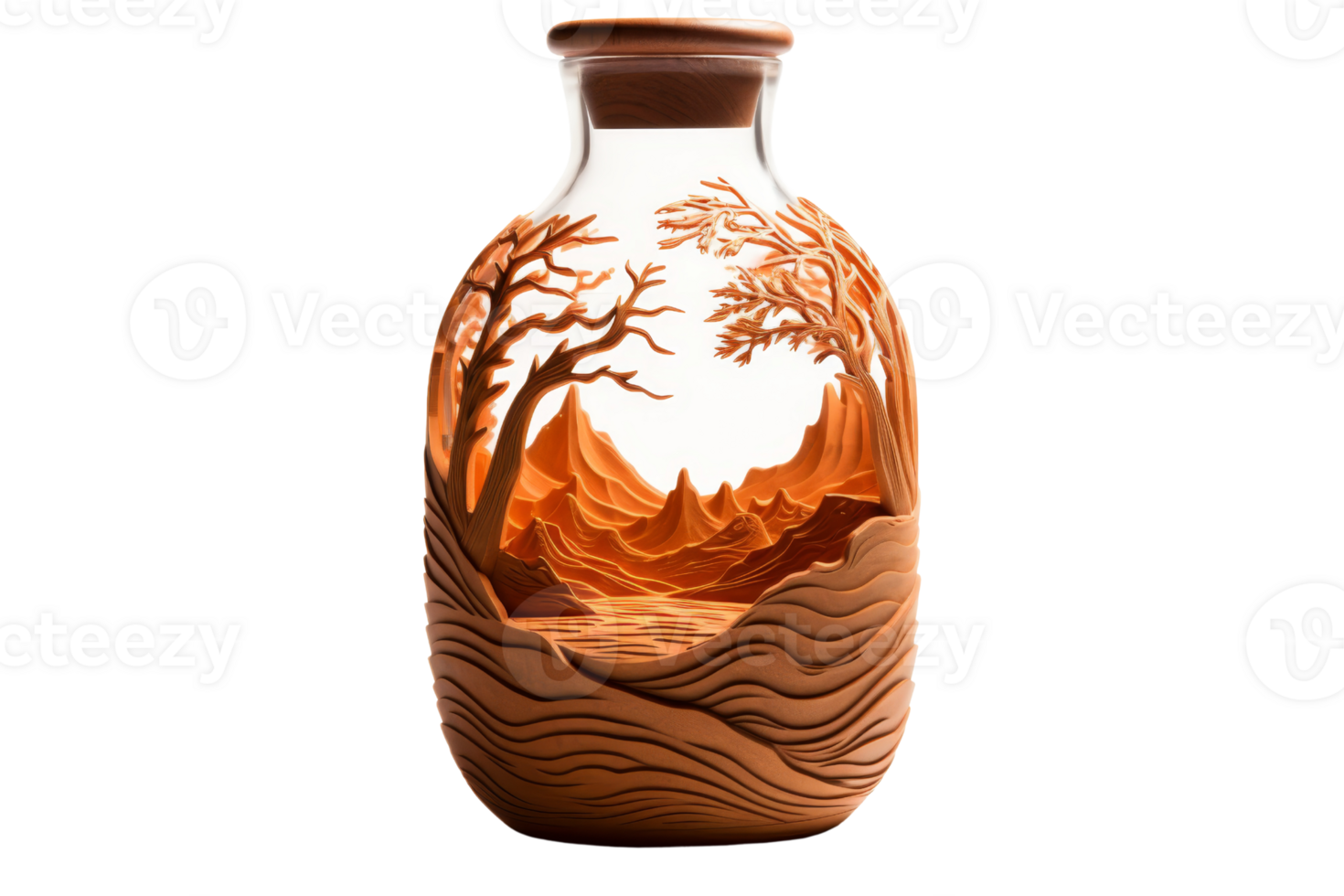 A glass jar with a tree design on it. The jar is brown and has a wooden lid. The scene inside the jar is a forest with a river running through it png