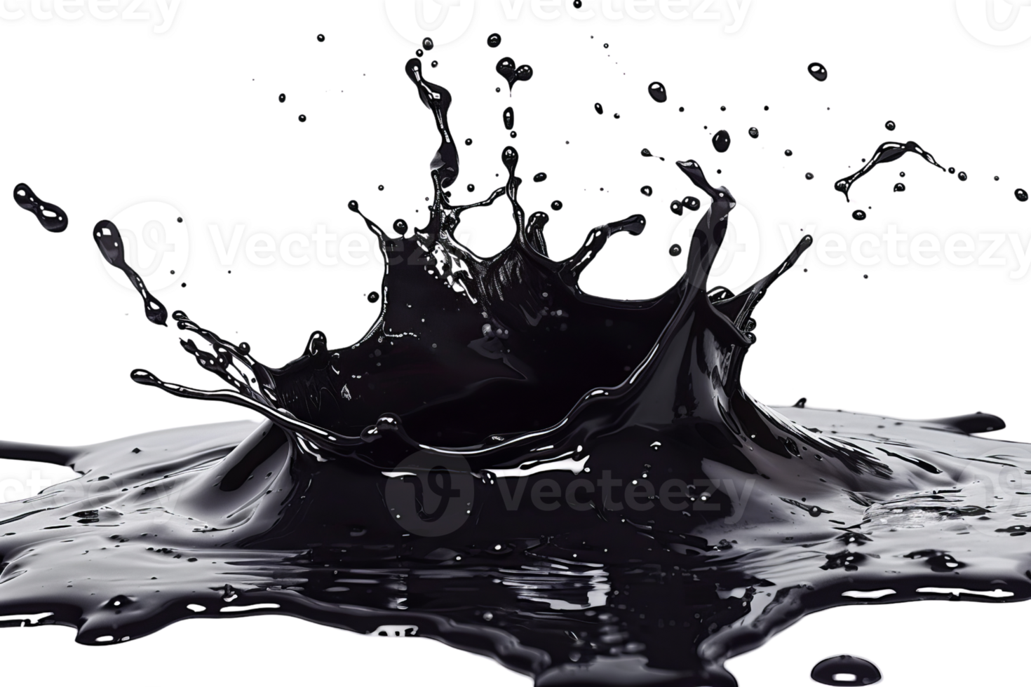 Dramatic splash of black liquid captured mid-air, creating an intense and dynamic visual with high contrast and energy. png
